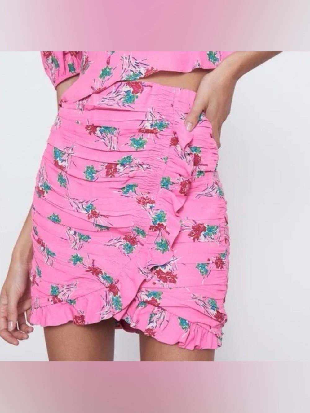 ZARA Pink Floral Ruched Asymmetric Ruffle Mini Skirt - Size XS